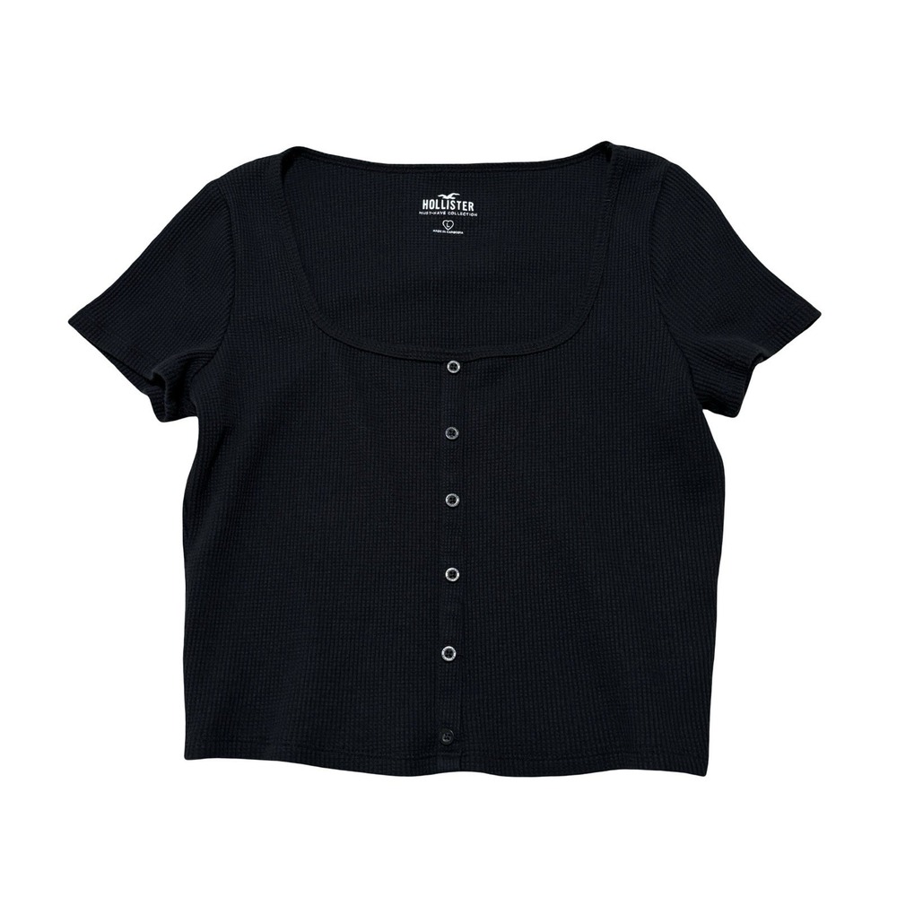 Hollister Women's Cropped Top Black Button Front Waffle Knit Size Large 16 x 18